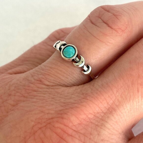 Sterling Silver 925 Dainty Minimalist Crescent Moon Turquoise Band Ring Sz 4.75 - Picture 14 of 16